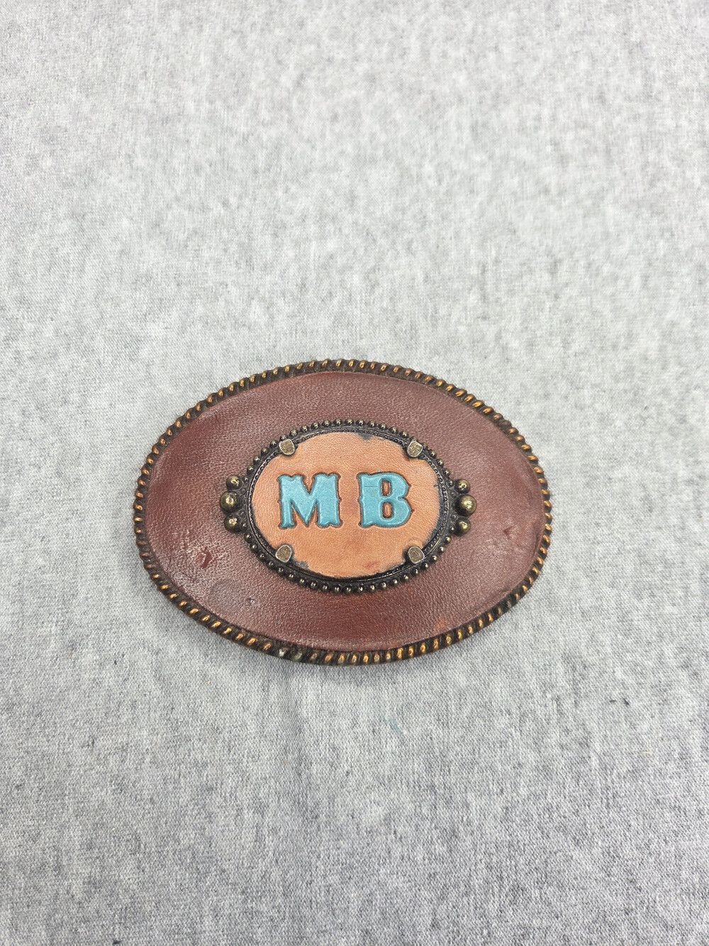 Vintage Hand Tooled Leather Oval Belt Buckle MB Initials Turquoise Handmade